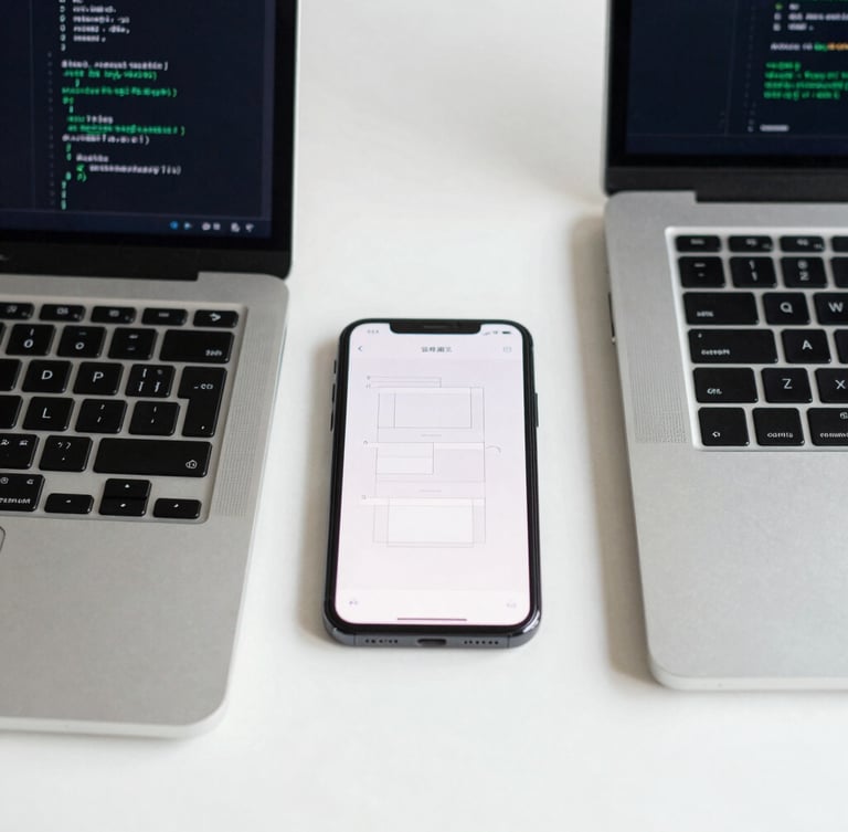 Minimalist flat-lay of a smartphone displaying wireframes next to a laptop with code editor, clean work surface, emerald green accents, daylight.