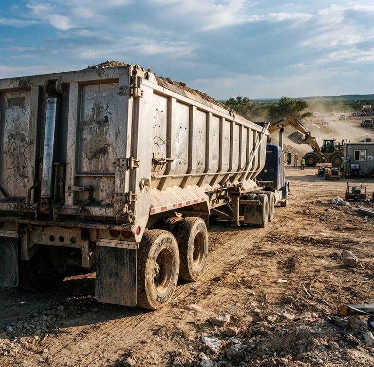 Low-angle wide shot of a rugged, heavy-duty aluminum dump trailer on a dusty Texas construction site, high-contrast metallic textures, dramatic natural sunlight, sharp focus, 35mm