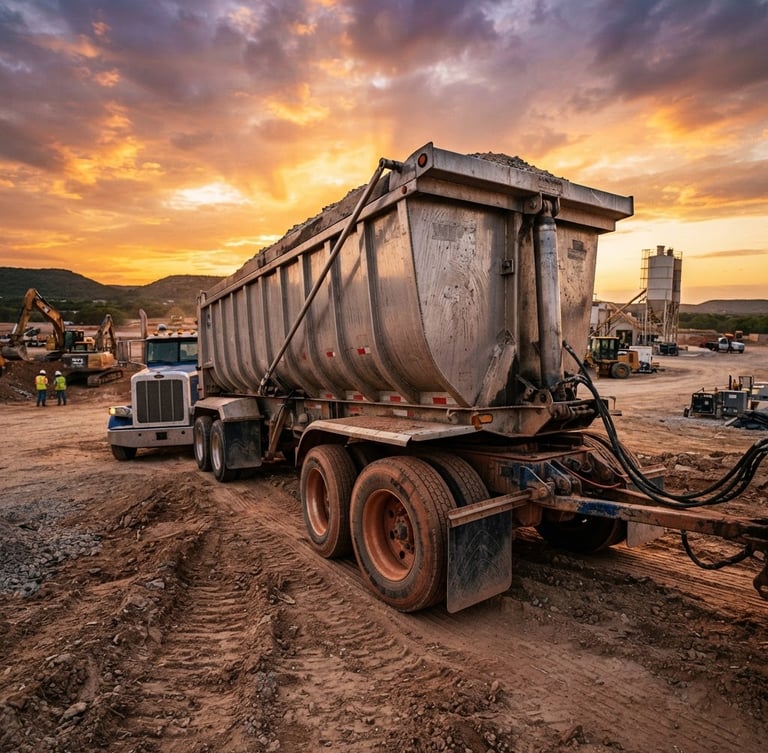 Low-angle wide shot of a massive Wink aluminum dump trailer on a rugged, dusty Texas construction site, dramatic sunset light reflecting off brushed metal surfaces, 35mm