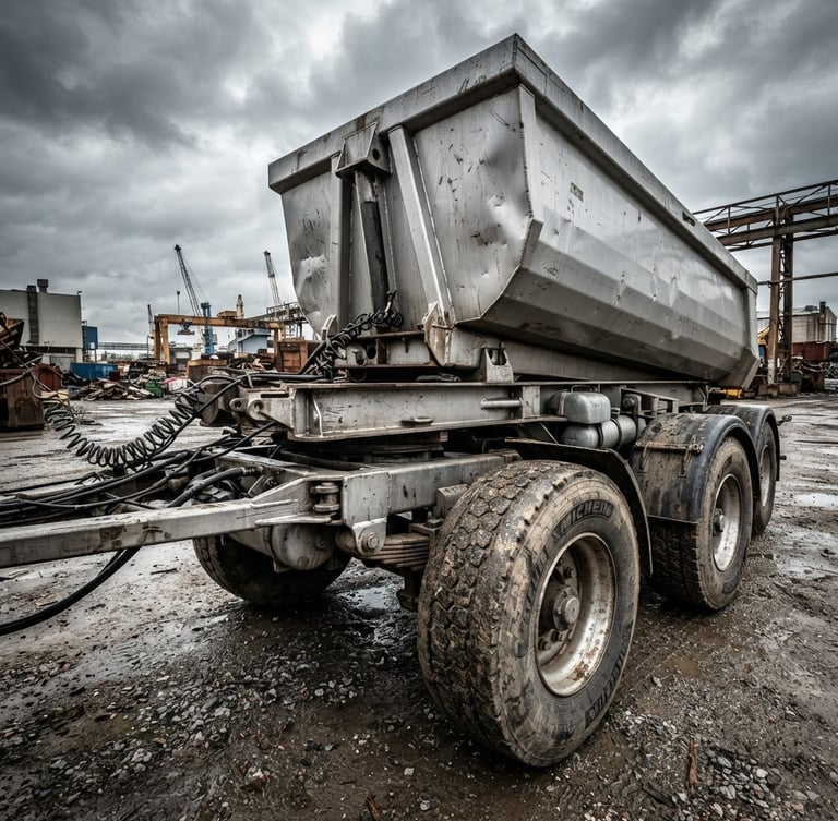 Low-angle wide shot of a massive silver dump trailer chassis under high-contrast overcast industrial skies, highlighting rugged metallic weld joints and heavy-duty tires.