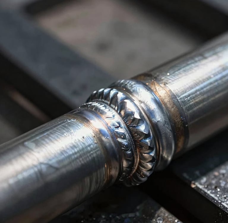 Macro close-up of a clean silver aluminum weld joint meeting a thick black UHMW liner, dramatic industrial side lighting emphasizing raw textures