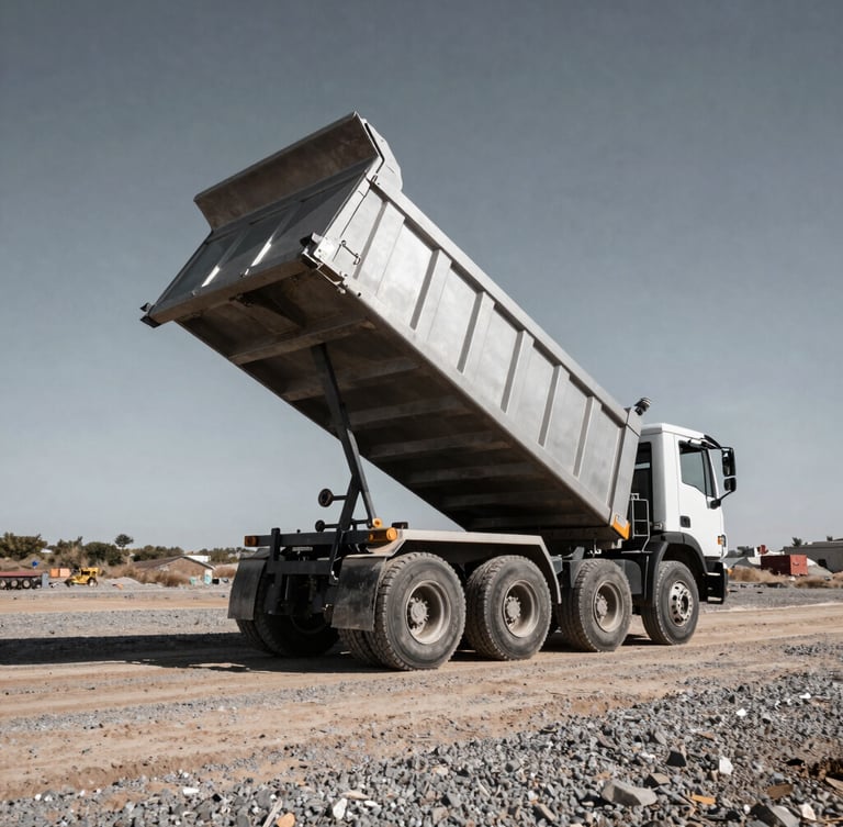 Low-angle wide shot of a silver dump trailer fully raised in mid-dump on an uneven gravel jobsite, showing stable wheel placement under dramatic natural daylight.
