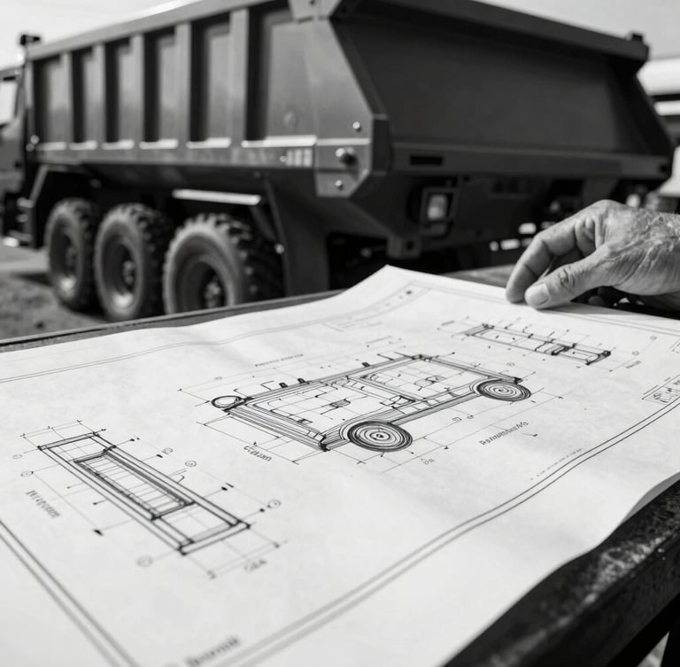 Black and white close-up of a trailer designer working on technical blueprints of a dump body, dramatic side lighting emphasizing paper texture and draft lines.