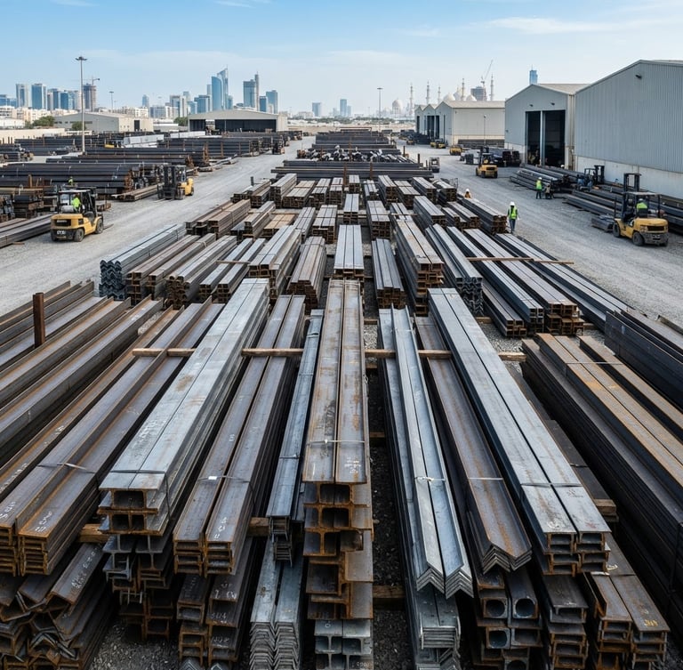 Neatly stacked industrial steel beams and structural profiles in an organized Abu Dhabi warehouse yard, bright cool daylight, sharp focus on metallic textures
