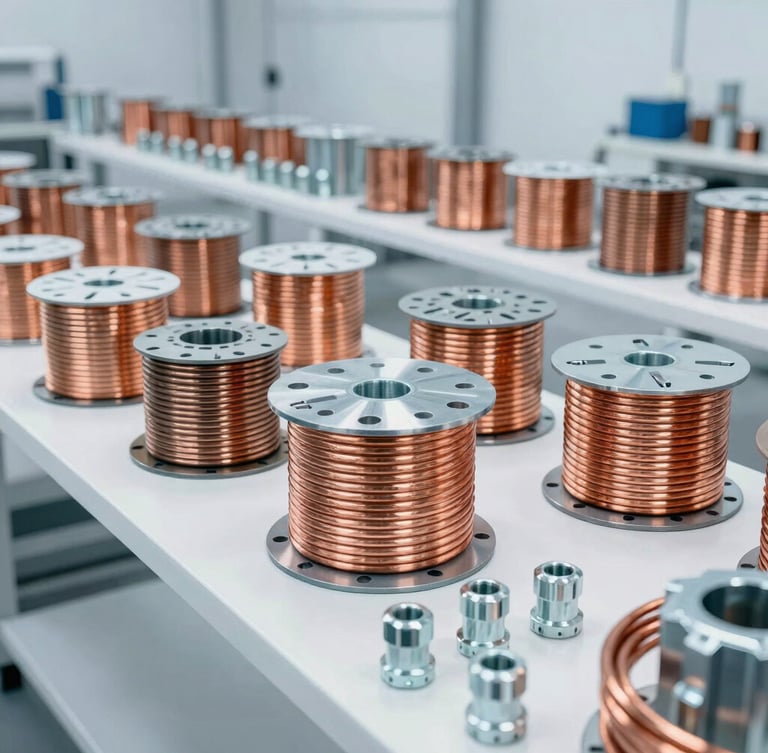 High-contrast clean industrial photograph of copper cabling spools and metal fittings arranged neatly in a bright, modern warehouse yard, cool daylight.