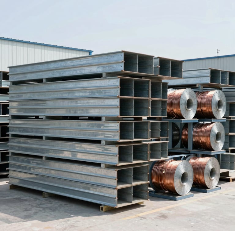 Neatly organized industrial warehouse with stacked steel profiles and copper cabling spools under bright daylight, clean industrial photography