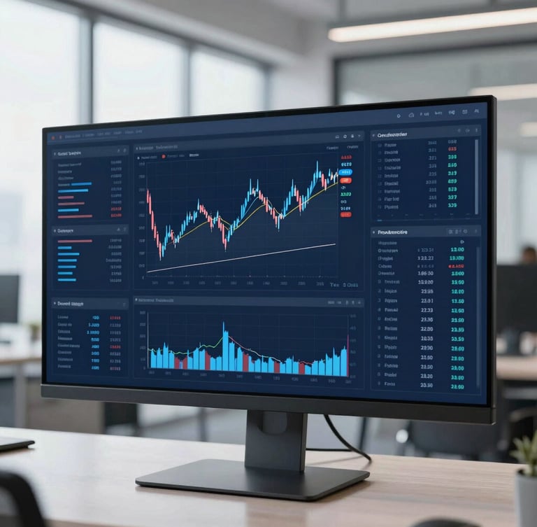 Clean, modern data visualization interface on a large monitor, displaying complex financial graphs and predictive analytics, cool blue and slate tones, sharp focus, professional corporate photography.