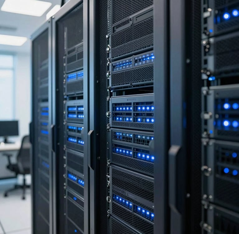 Close-up of a secure data center server rack with blinking lights, cool blue tones, sharp focus, natural office light