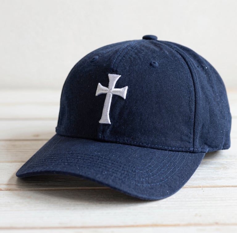 Primer plano detallado de una gorra InVicto con un bordado de fe, sobre una superficie de madera clara, con luz suave de la mañana y sombras sutiles, texturas de tela visibles.