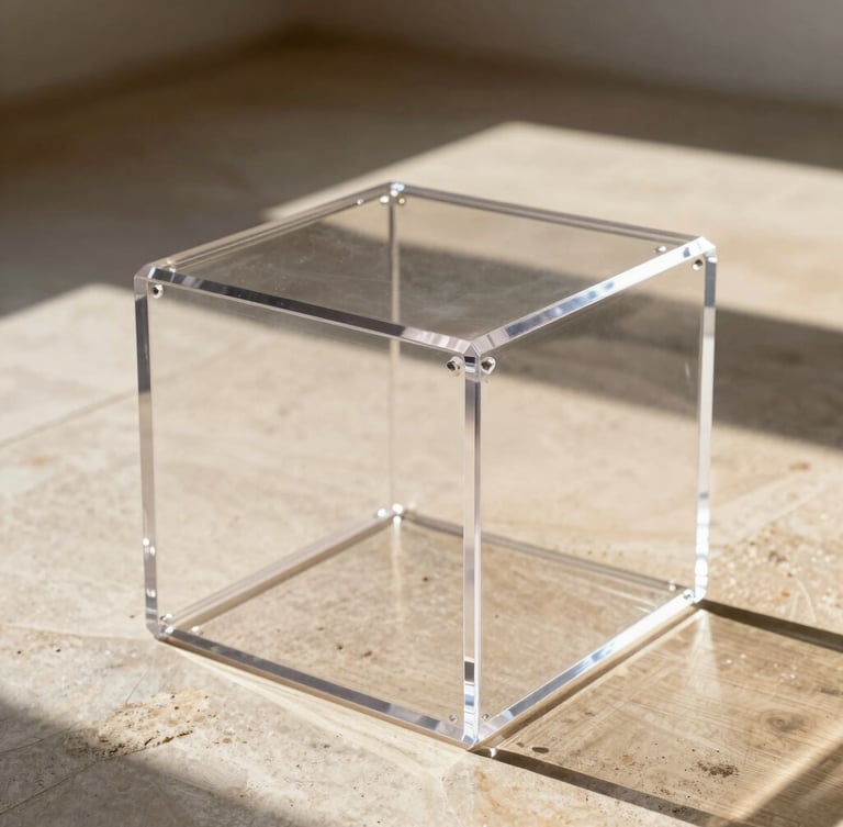 Crisp architectural photography of a clear acrylic display ottoman in sharp afternoon sunlight, casting high-contrast shadows on a warm stone floor.