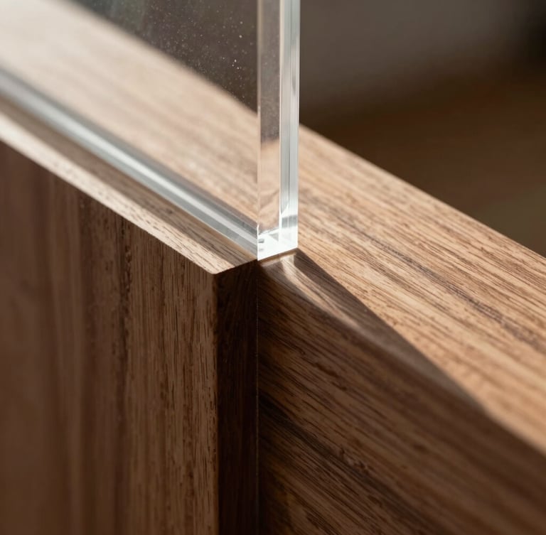 Macro close-up of clear optical-grade acrylic joining solid walnut wood, sharp afternoon sunlight casting geometric shadows, 50mm lens