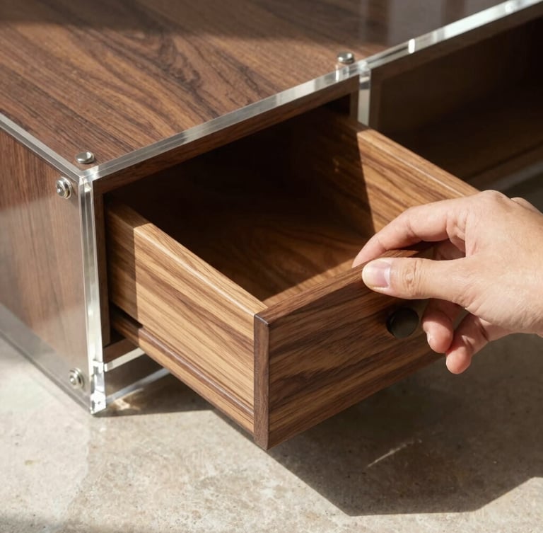 Macro shot of a hand sliding a solid walnut drawer out of a thick-walled clear acrylic shell, sharp afternoon shadows cast on a light stone floor, architectural photography
