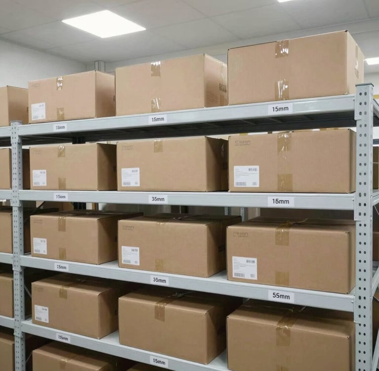 High-definition photo of an organized warehouse shelf with labeled parcels under bright industrial studio lighting