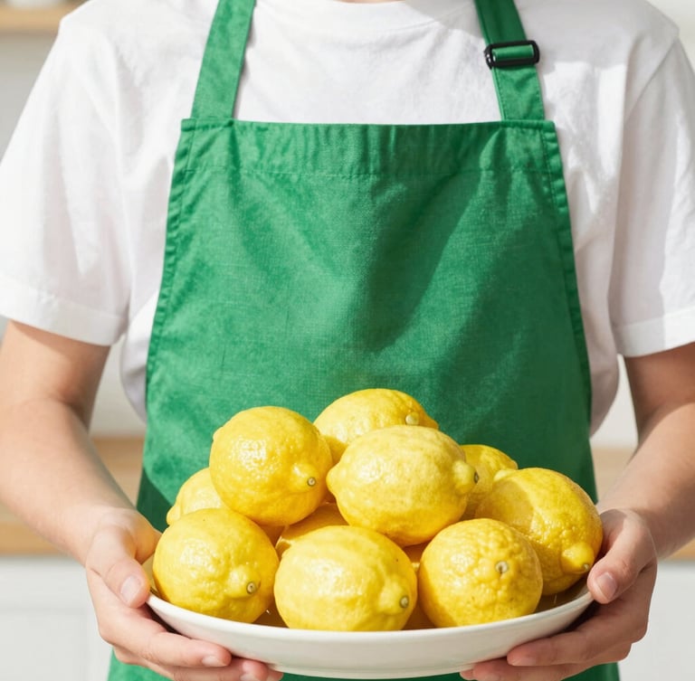 Close-up of 12-year-old Richard in a green kitchen apron holding a basket of fresh lemons, bright high-key natural sunlight, sharp happy shadows.