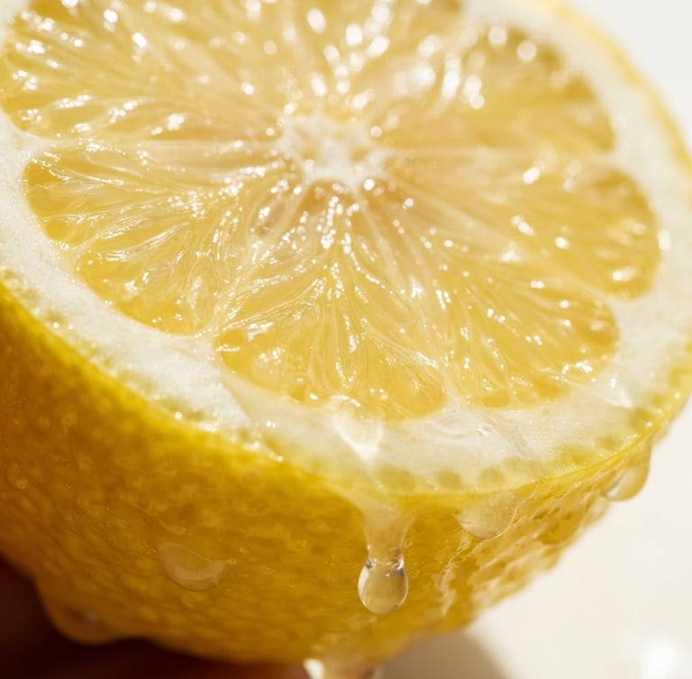 Close-up macro shot of a fresh cut lemon dripping with juice under bright, high-key natural sunlight with sharp shadows, 50mm