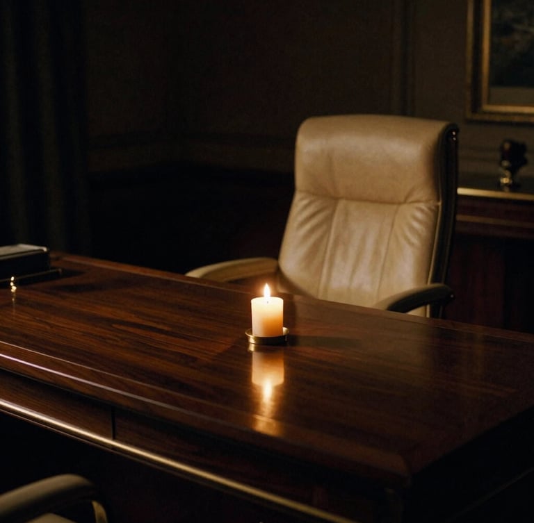 Cinematic medium shot of a dimly lit luxury office desk, warm golden candlelight reflecting on dark wood, an elegant leather chair, deep shadows, 35mm film style