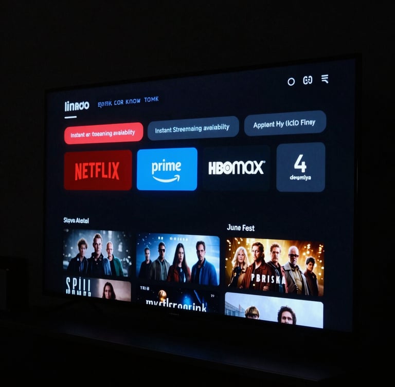 A sleek dark-mode user interface mockup on a television screen, displaying a movie detail page with instant streaming availability tags for Netflix, Prime, and HBO Max, soft blue ambient glow, high contrast.