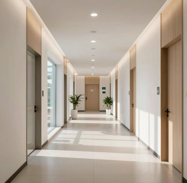 Modern and bright architectural shot of an upscale medical clinic hallway, clean daylight casting soft shadows, representing clinical precision and organization.