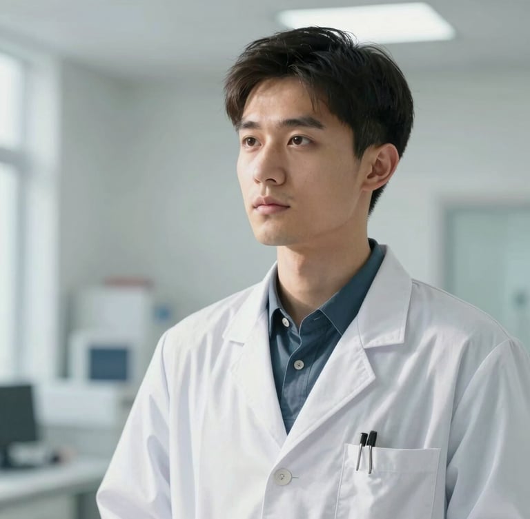 Medium portrait of a young doctor in a modern clinical setting, looking thoughtfully slightly off-camera, bright clean natural daylight, soft clinical whites.