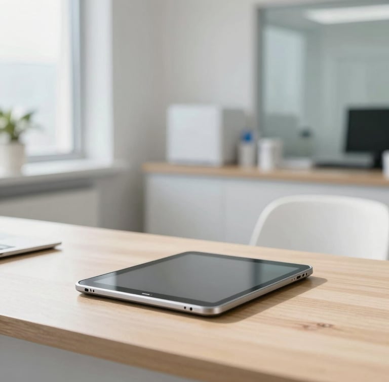 Medium environmental shot of a modern clinical office, bright natural daylight, a tablet resting on a clean wooden desk, soft clinical whites, premium atmosphere