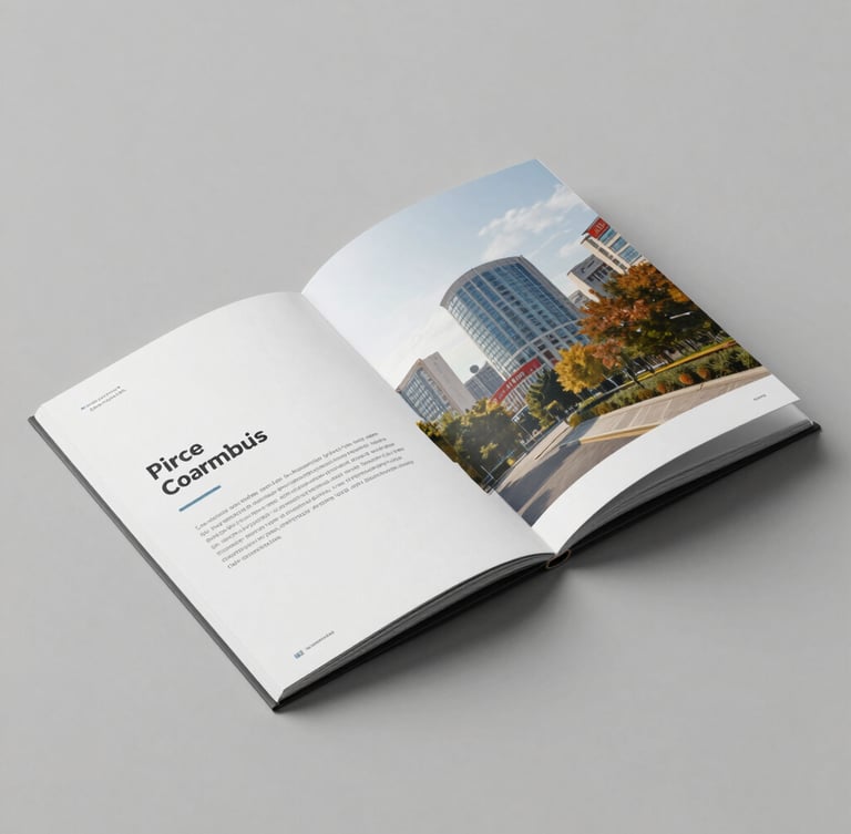 Direct eye-level shot of high-fidelity printed corporate brochures on a neutral gray background, cool studio lighting, sharp defined shadows emphasizing paper weight and edge alignment.