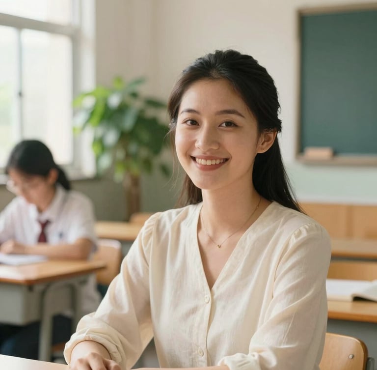 A warm, natural portrait of a female educator smiling in a sunlit classroom, soft green plants in the background, shallow depth of field, 35mm