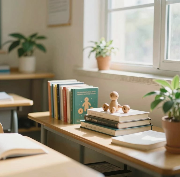 A warm, sunlit classroom corner with books, wooden toys, and soft green plants, 35mm photography