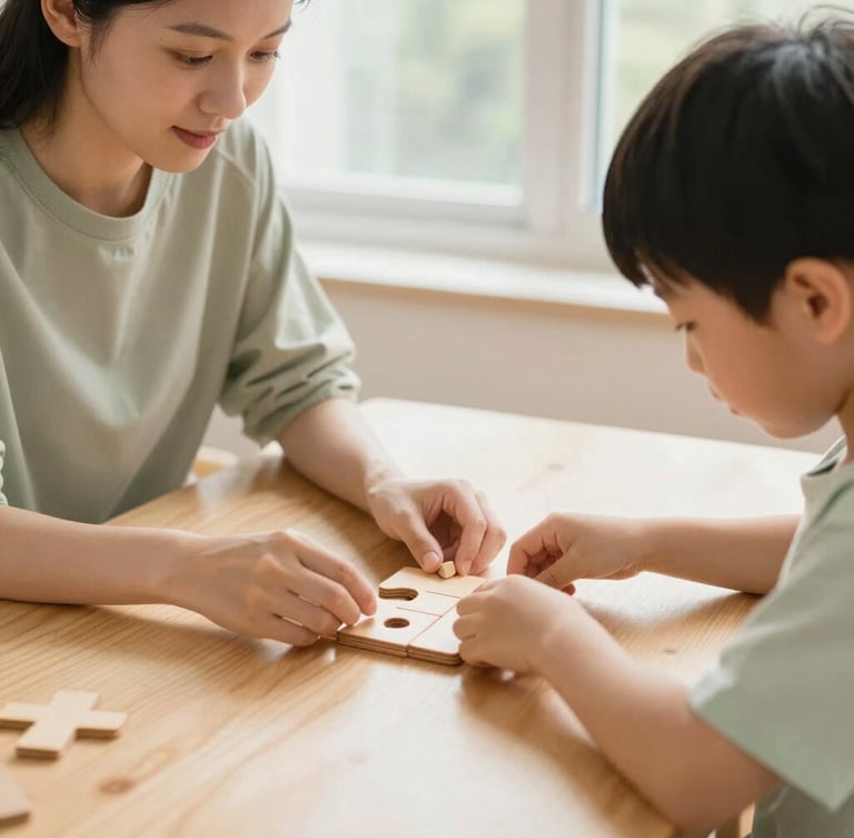 Hands-on learning moment with a teacher and child building a wooden puzzle together on a light wood table, warm natural window light