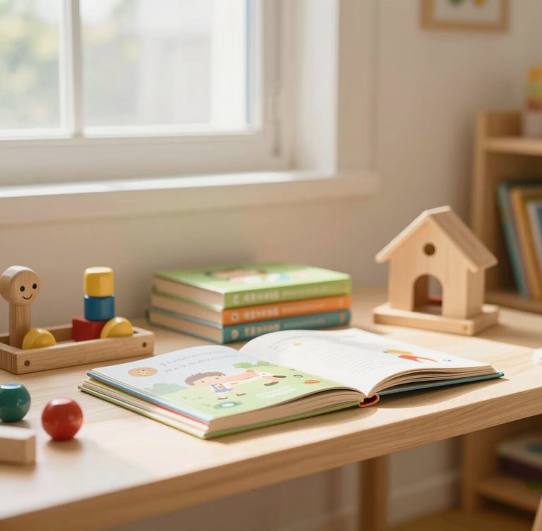 A bright, sunlit classroom corner with wooden toys and children's books neatly arranged, soft natural window light, warm cream tones, shallow depth of field.
