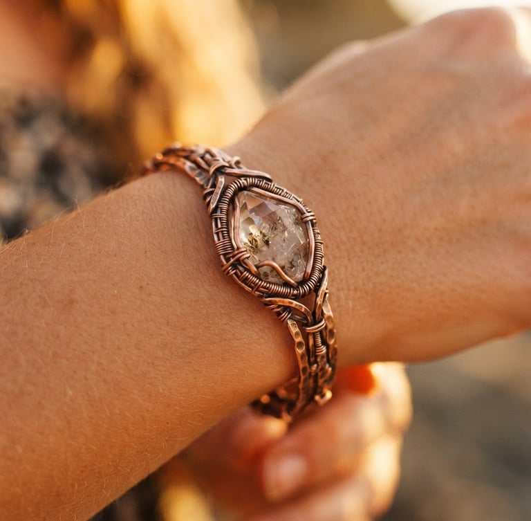 Close-up of a handcrafted copper bracelet with a raw crystal, resting on warm, bare skin, illuminated by golden-hour sunlight. Shallow depth of field, highlighting the hammered texture of the metal.