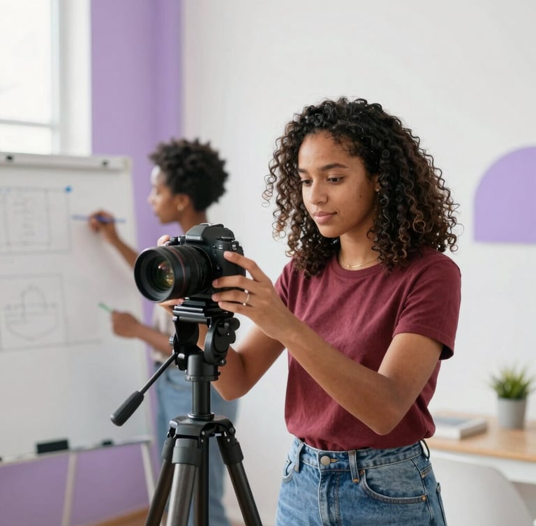 A young Brazilian woman content creator adjusting a camera on a tripod in a bright modern studio, a colleague in the background planning on a whiteboard, soft purple accents, warm natural daylight, 35mm.