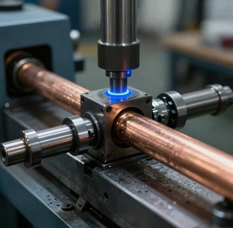 Extreme close-up of copper tube bending machine in an industrial workshop, cold blue rim lighting on metallic surfaces, raw steel textures, cinematic depth of field.