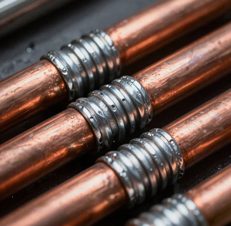 Macro shot of industrial copper tubes with TIG welded aluminum fins, high contrast cool rim lighting on raw metallic surfaces.