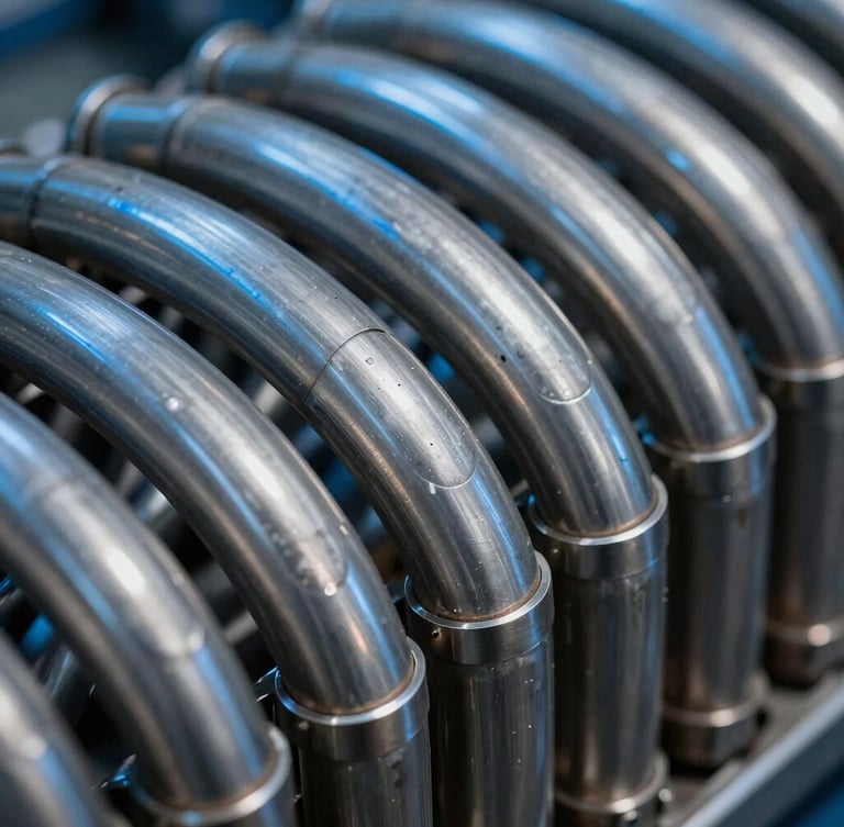 Extreme close-up of industrial heat exchanger tube sheet, stainless steel tubes perfectly aligned, dramatic cool blue rim lighting on metallic edges, high contrast.
