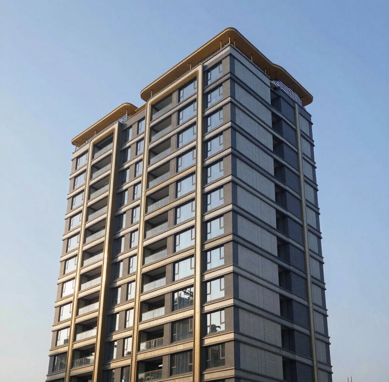 Wide architectural angle of a modern multi-family development under construction, crisp morning sunlight casting long shadows, structural steel details, deep navy and gold tones, 35mm lens.