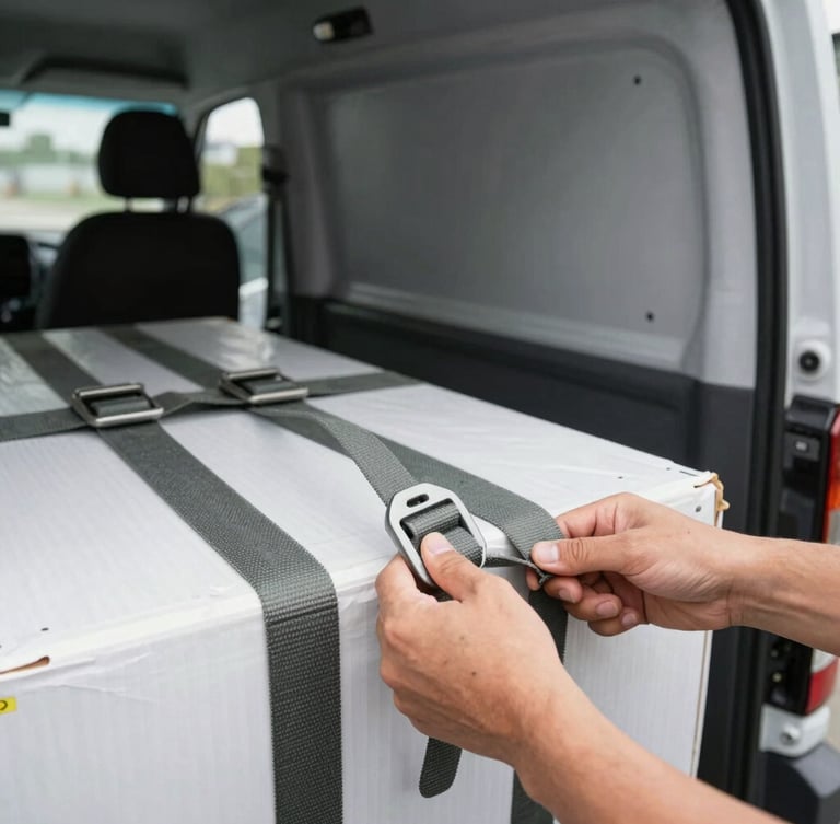 Close-up of hands securing cargo with heavy-duty ratchet straps inside a clean transit van, natural overcast daylight