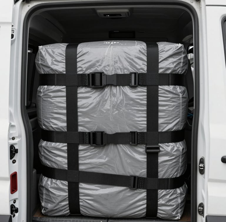 Close-up of thick black ratchet straps securing heavy cargo inside a clean transit van, natural overcast daylight, realistic desaturated tones, 35mm lens.