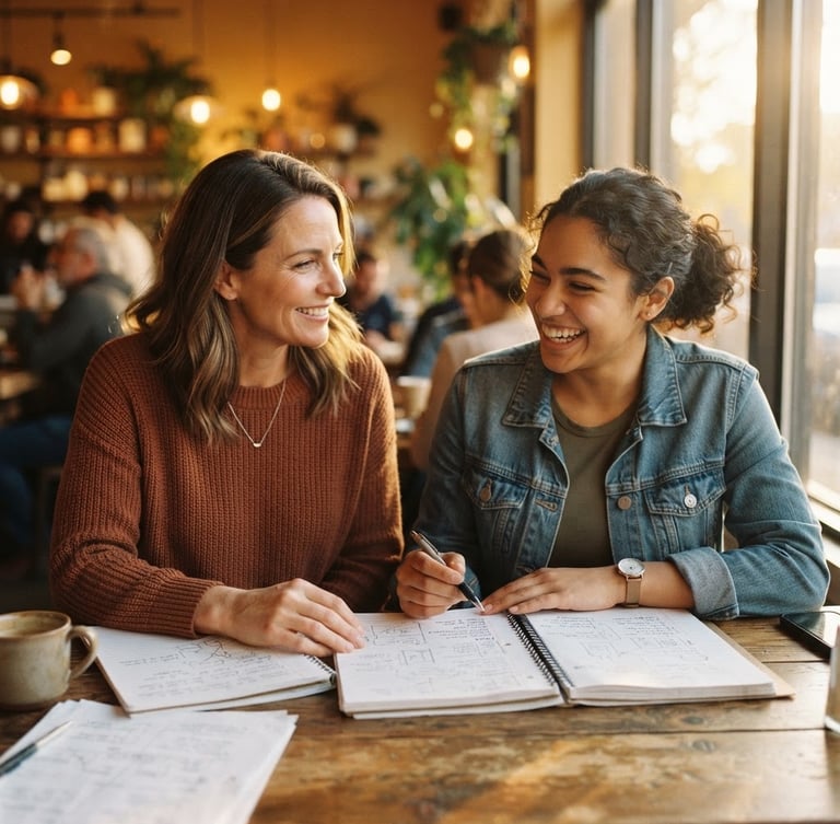 Medium close-up of a mentor and student in collaborative discussion over notebooks, warm natural golden-hour window light, shallow depth of field, 35mm film aesthetic.