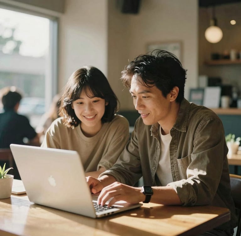 A mentor and student in a warm Burbank cafe, discussing career goals over a laptop, genuine expressions of connection, soft California sunshine, 35mm film aesthetic.