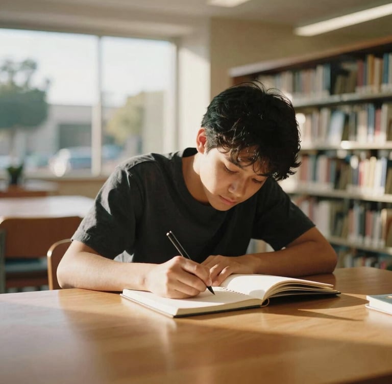 A student focused on writing in a notebook at a wooden table in a Burbank library space, soft outdoor California sunshine filtering through, warm editorial photography.