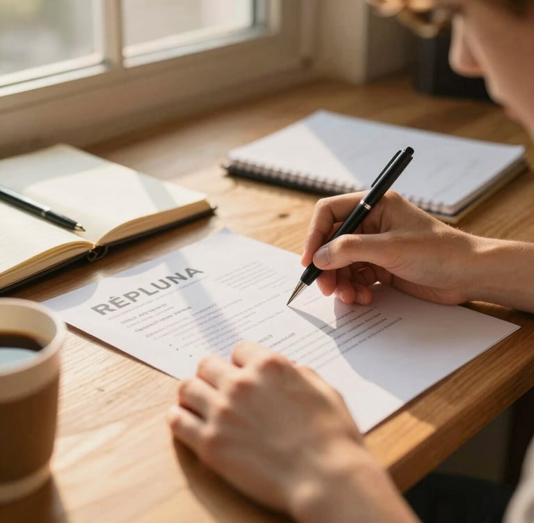 A close-up of a student's hands drafting a resume on a wooden desk, warm golden-hour light streaming through a window, notebooks and coffee cup nearby, shallow depth of field.