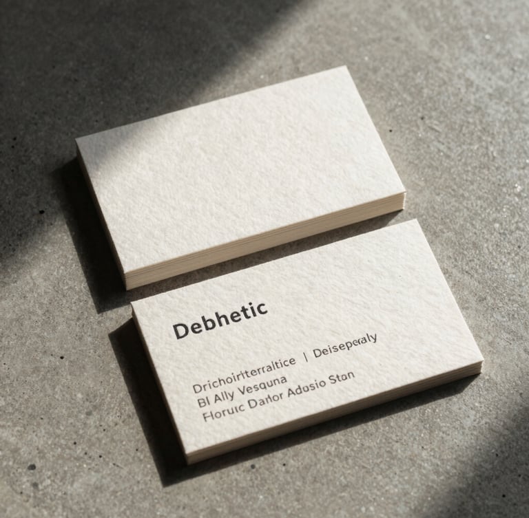 Orthographic flat-lay of heavily textured cotton paper business cards with deep blind debossing, sharp direct sunlight casting long crisp shadows on a concrete floor.