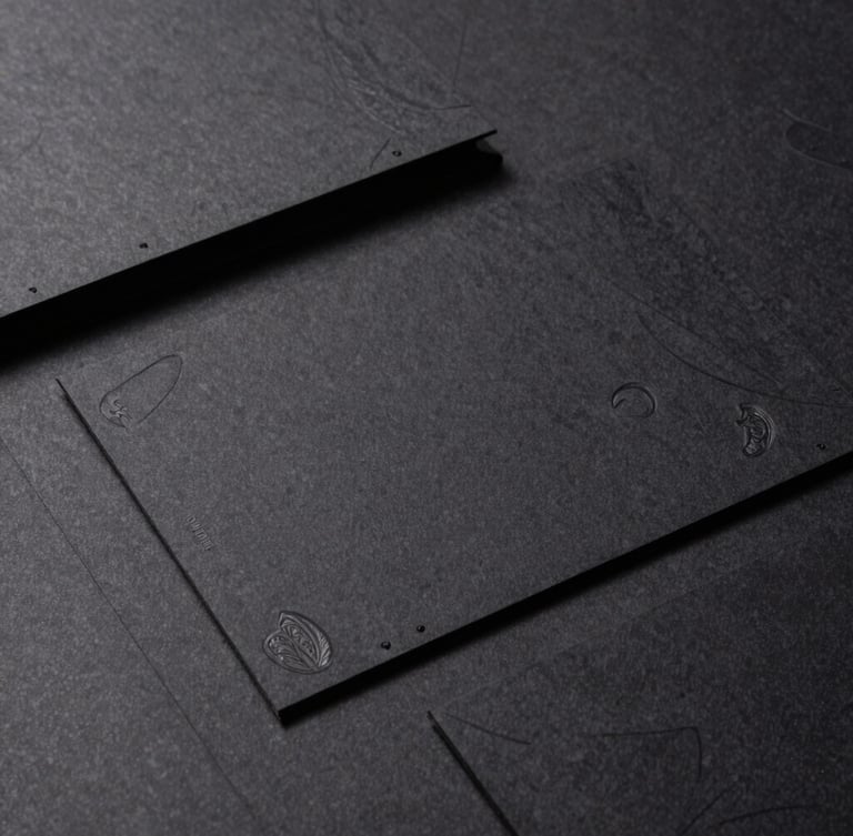 Flat-lay orthographic projection of embossed heavy paper stocks and matte black packaging mockups, sharp defined shadows, direct studio light.