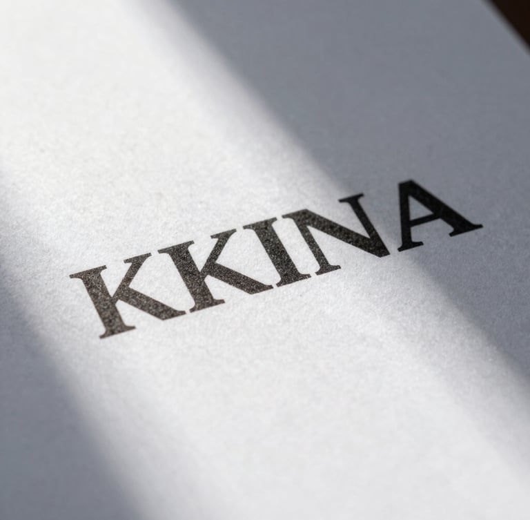 Macro close-up of a printed brand manual with heavy sans-serif typography on textured white paper, sharp sunlight shadow.