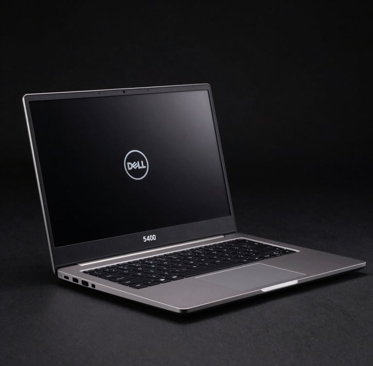 Crisp studio shot of a Dell Latitude 5400 laptop, sleek dark chassis, glowing keyboard, high-contrast dark background with subtle electric blue rim light, 85mm lens