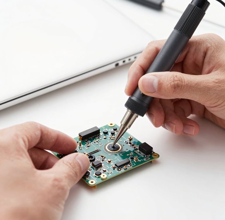 Close-up of a professional technician's hands repairing a laptop motherboard with micro-soldering tools, clean white workspace, bright high-key lighting, macro lens