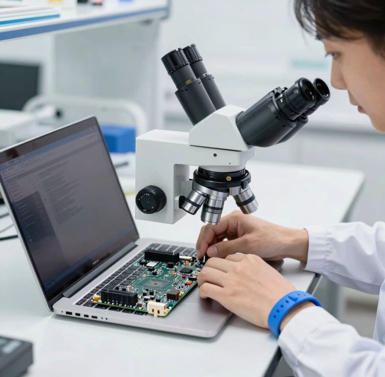 A professional technician wearing an ESD wristband working on a laptop motherboard under a digital microscope, bright clean laboratory environment
