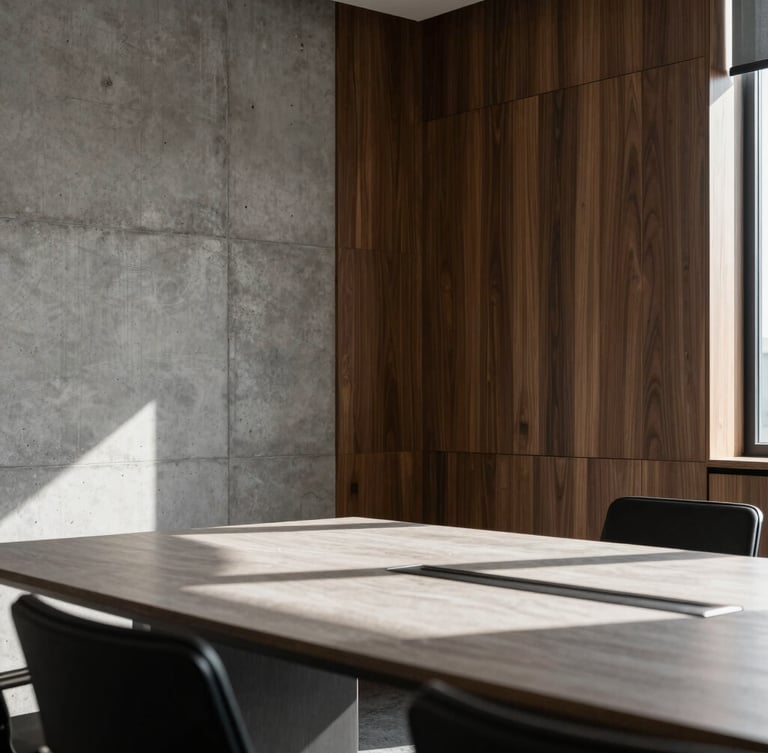 Architectural close-up of a modern law office meeting room, concrete and dark wood textures, sharp natural side-lighting casting deep shadows on a clean table.