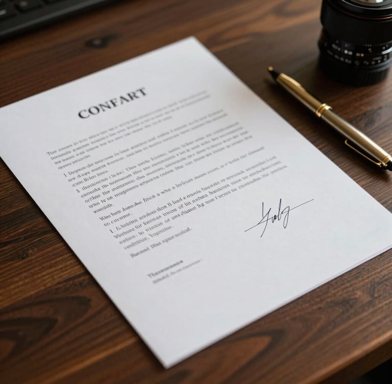 Close-up of a signed contract on a dark wooden table, warm side-lighting highlighting the paper texture and a gold pen next to it.