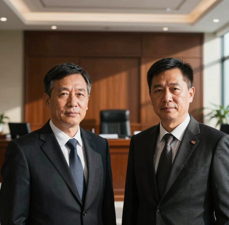 Sharp, authentic portrait of two defense partners looking directly at the camera with calm confidence, modern legal office background, high-contrast natural side-light, deep rich shadows, editorial style.